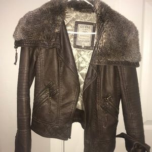 brown-gray leather jacket with fur